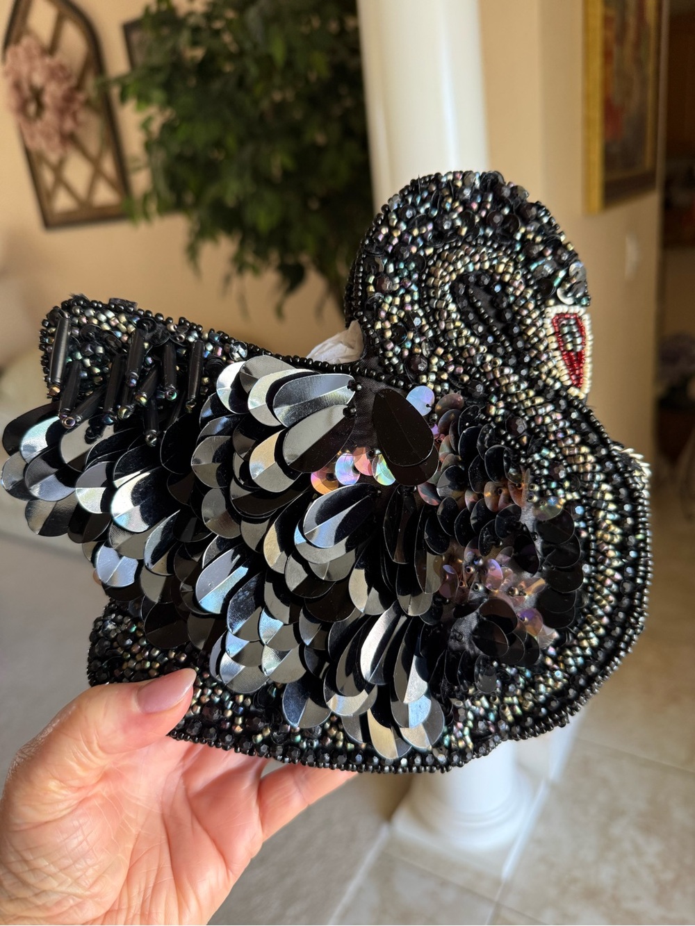 Black Beaded Sequin Swan Handbag